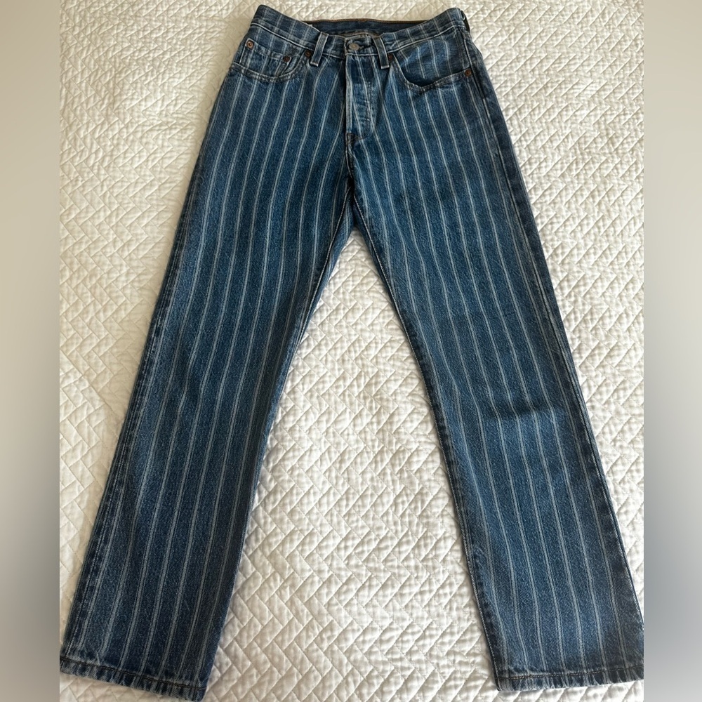 Levis Premium Wedgie 501 Blue White Vertical Striped Jeans Womens Size 24x26